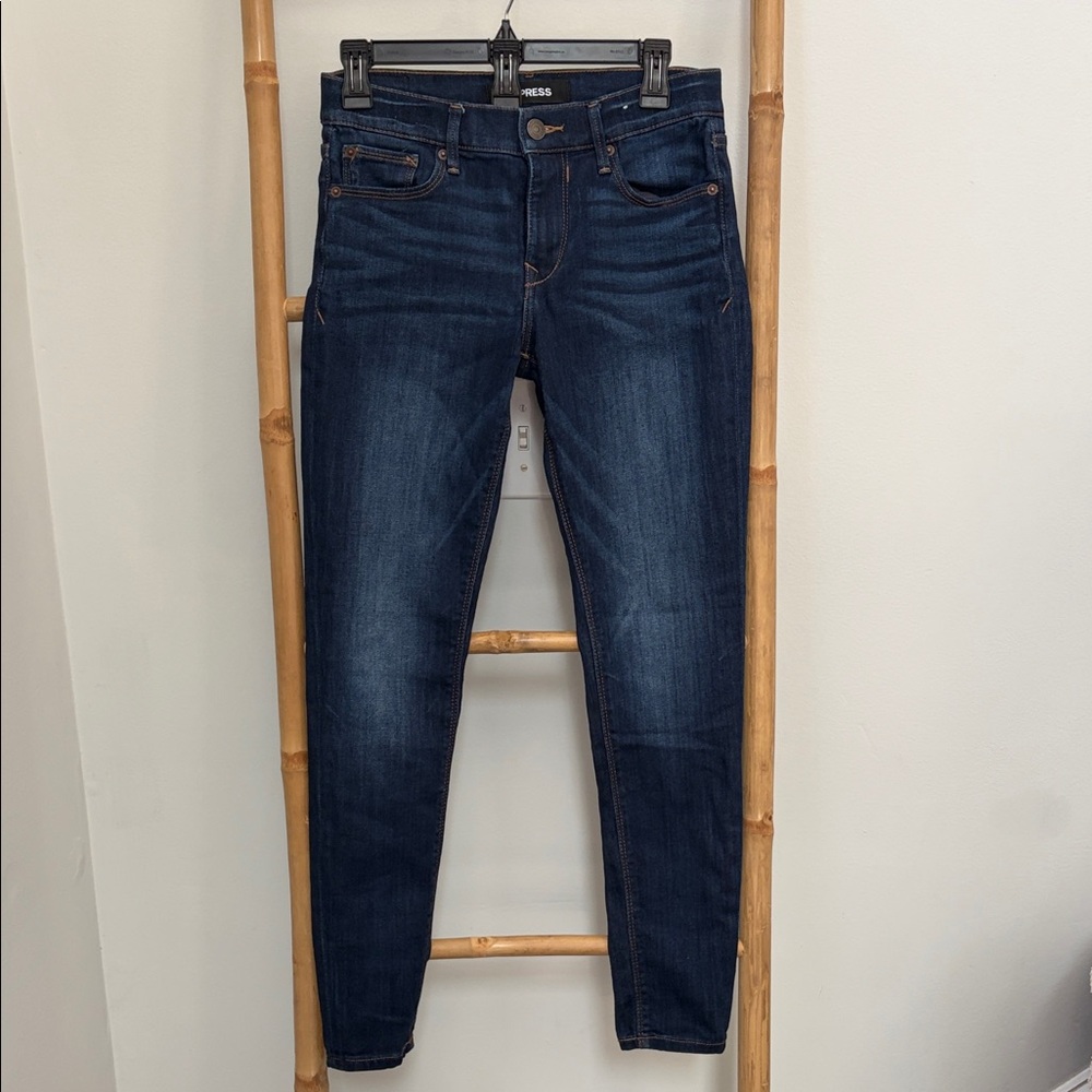Express Dark Blue Denim Jeans - stretch mid rise legging